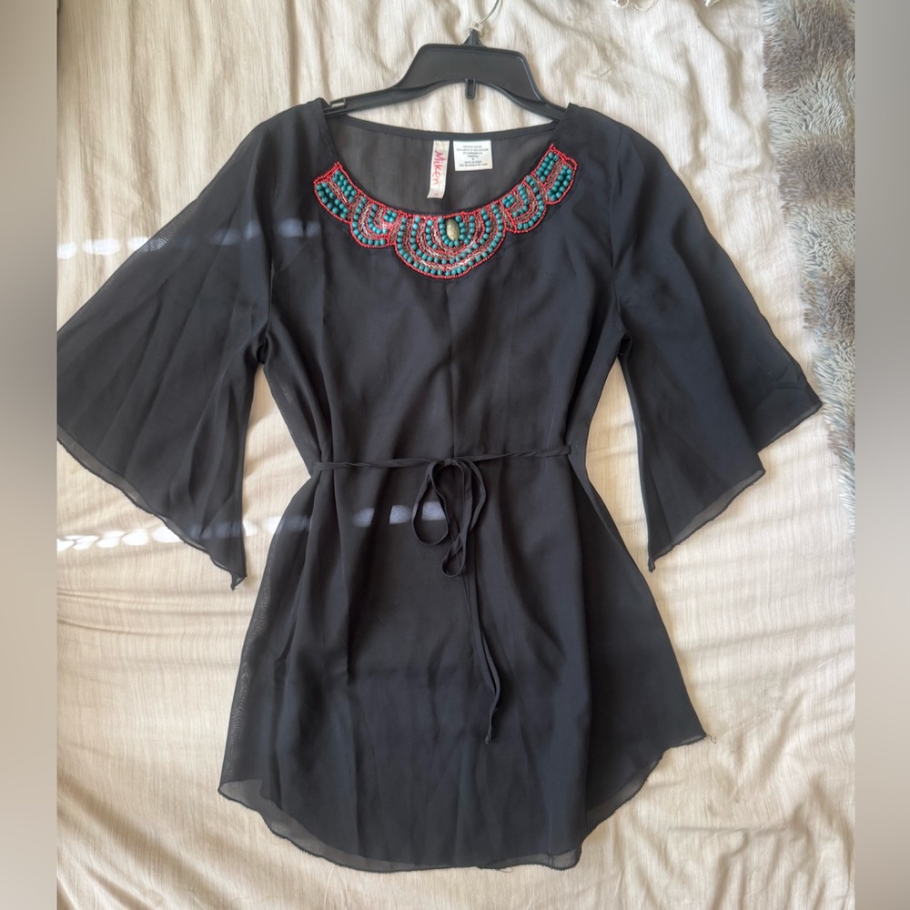 Miken Black Mesh Beaded Embellished Coverup